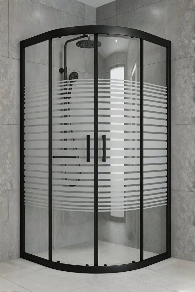 Oval Çizgili Desenli 5 mm Temperli Cam Mat Siyah Profilli Duşakabin 190 cm Teknesiz